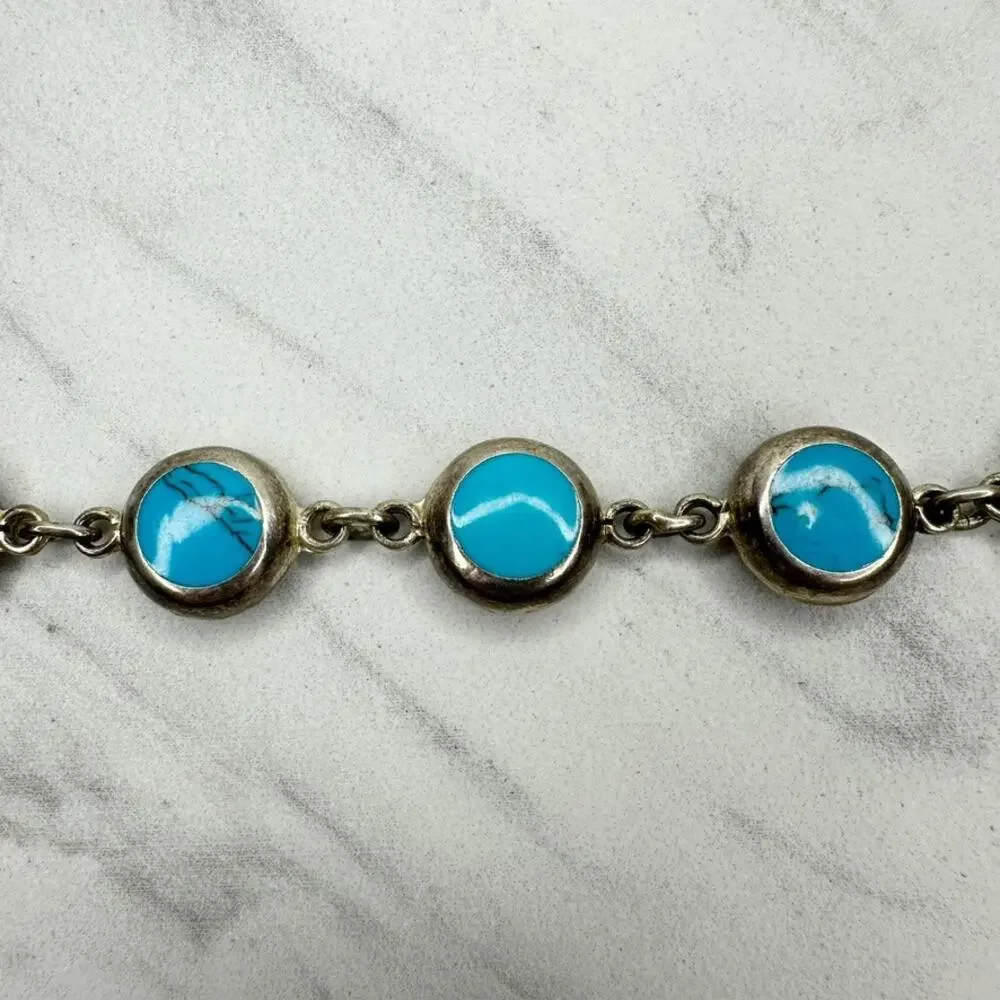 Vintage Mexico Blue Faux Turquoise Round Cabochon Link Toggle Chain Bracelet ✨